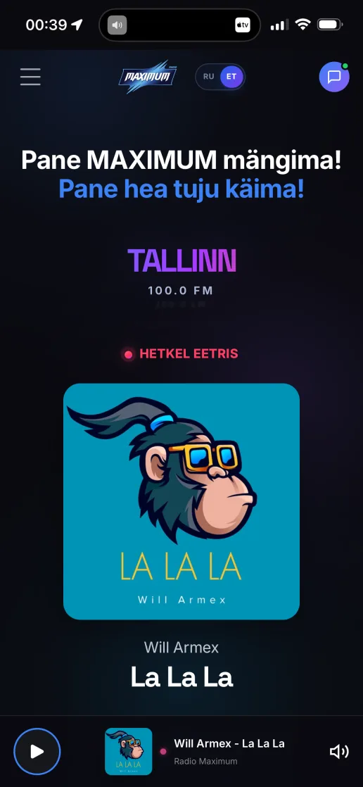 Radio Maximumi rakenduse avakuva iPhone’is